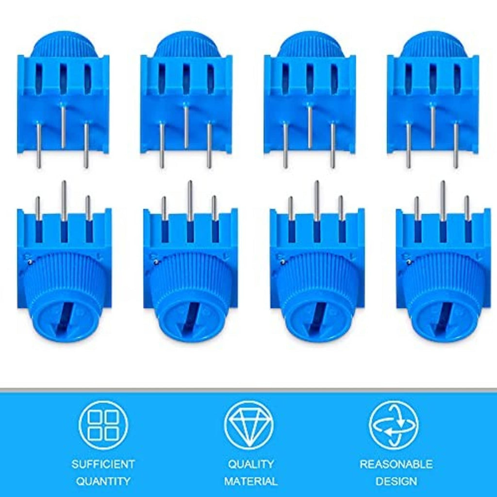 Multiple blue potentiometers with knobs and three metal pin leads