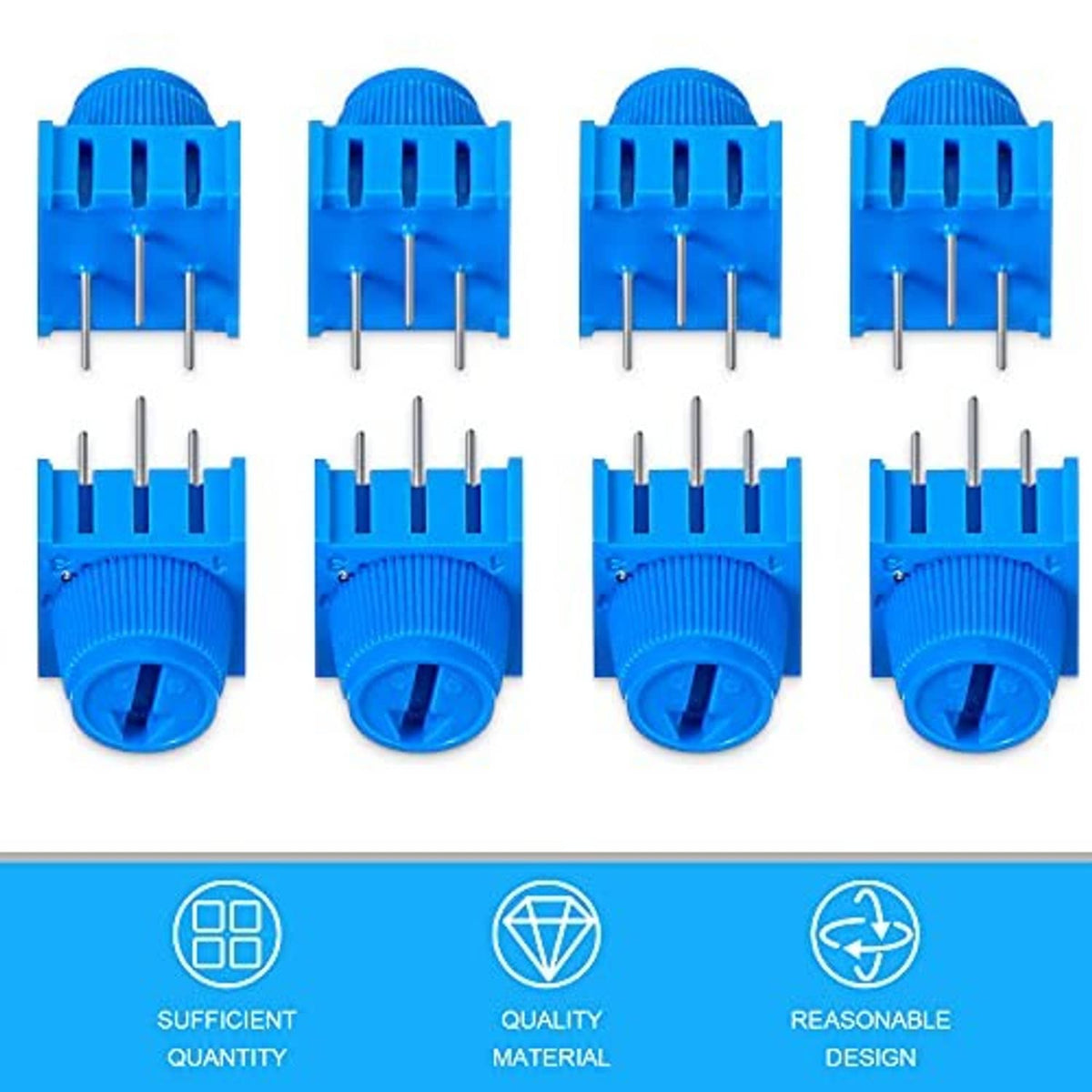 Multiple blue potentiometers with knobs and three metal pin leads