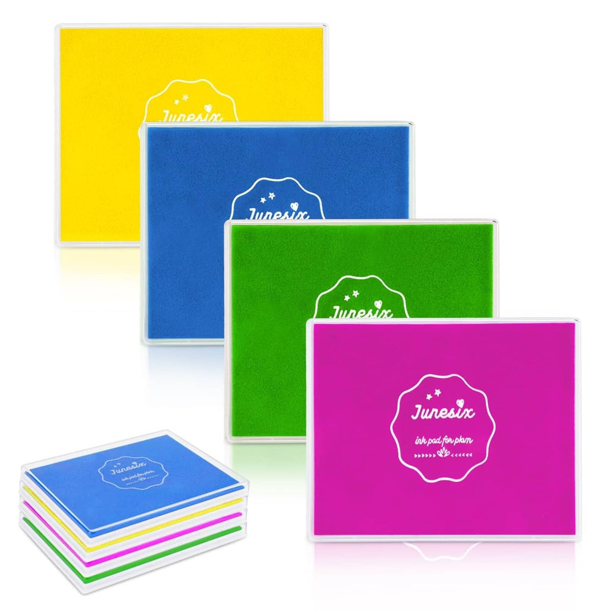 Set of rainbow fingerprint ink pads in yellow, blue, green, and purple squares