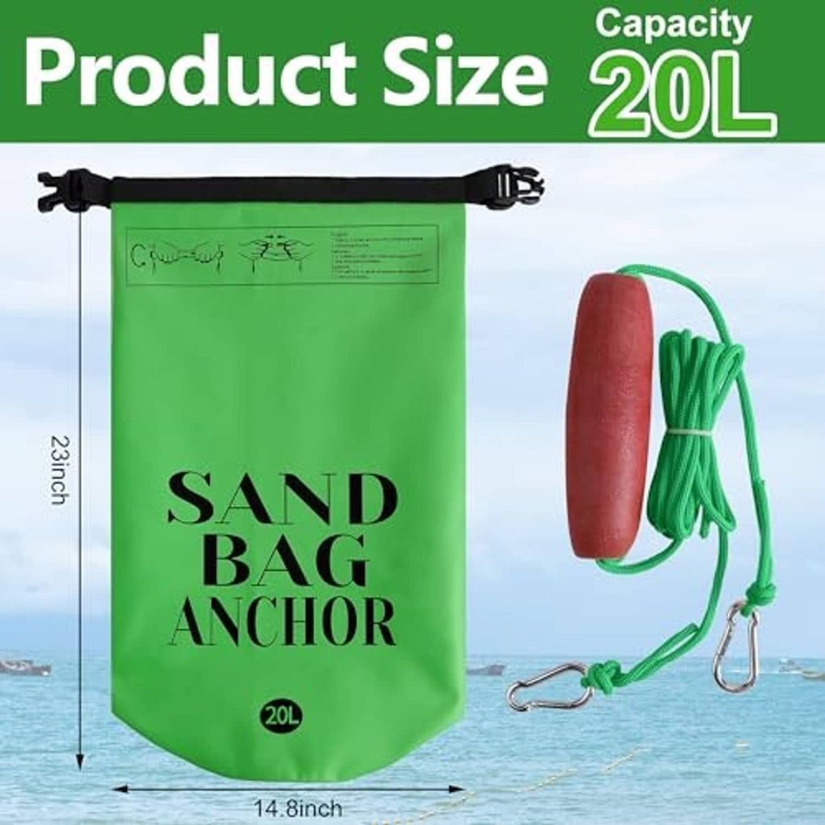 Green 20L sand bag anchor with black straps, red float, and braided rope