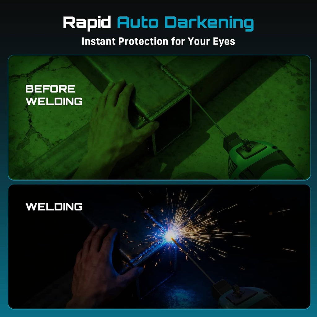 Auto-darkening welding visor with purple lens and bright welding sparks