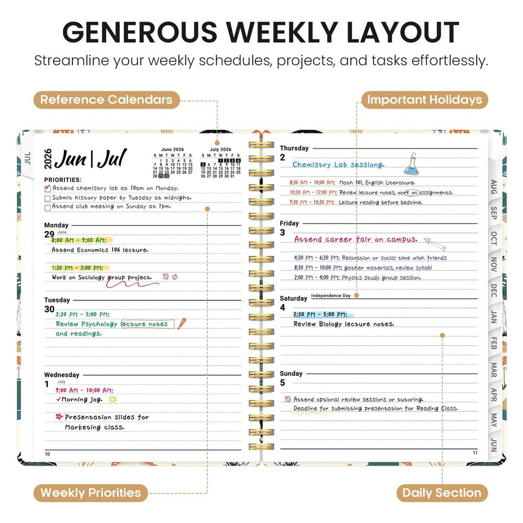Academic planner weekly layout page with priorities and daily sections