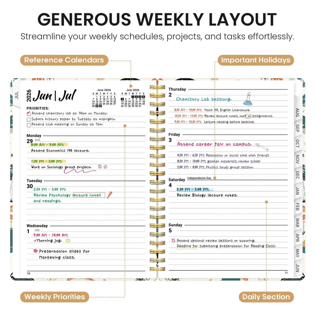 Academic planner weekly layout page with priorities and daily sections