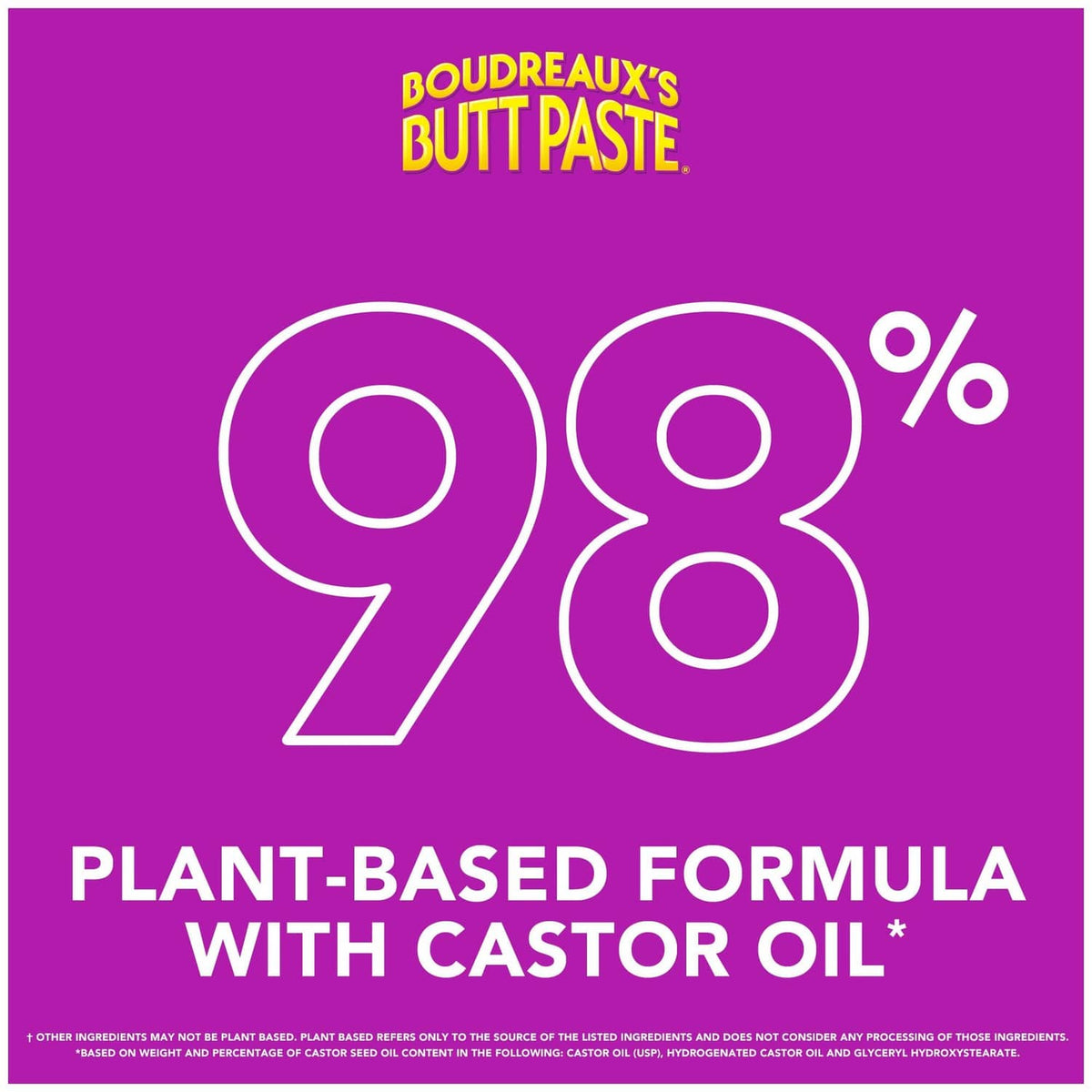 Purple label graphic with 98% icon and 'Plant-Based Formula with Castor Oil'