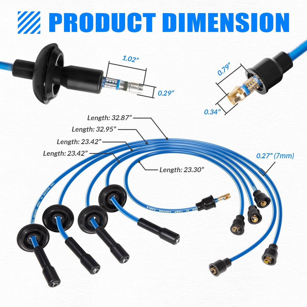 Blue ignition spark plug wire set with dimension-marked leads and black boots
