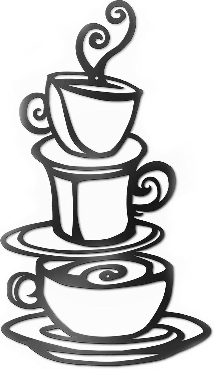 Dark metal coffee cup stack wall art with swirl steam and layered saucer shapes