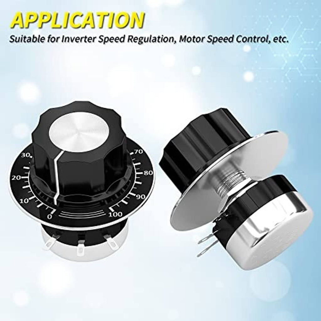 Rotary potentiometer with black dial housing and silver metal shaft, shown from side and front