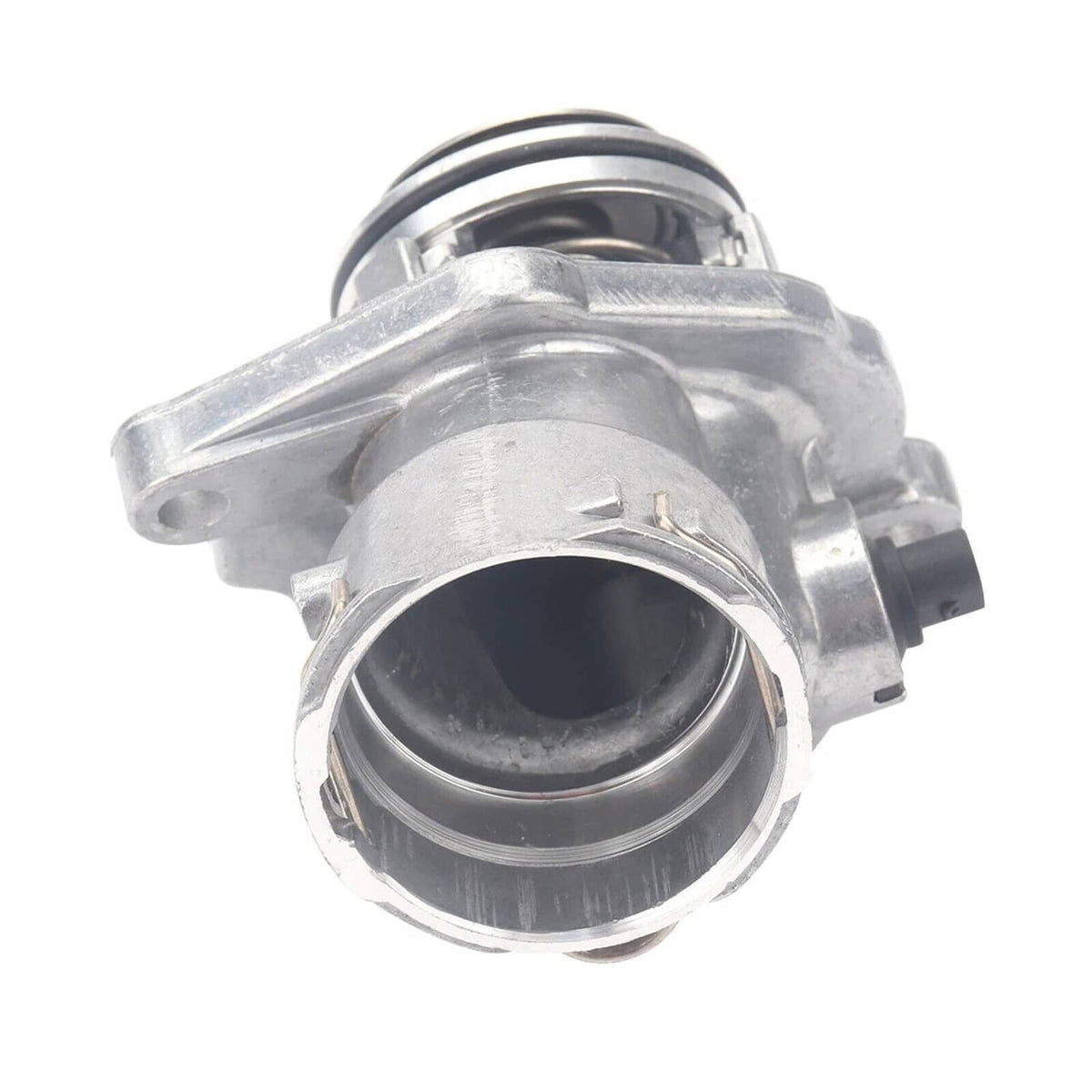 Engine coolant thermostat assembly with sensor, side view of inlet opening and housing