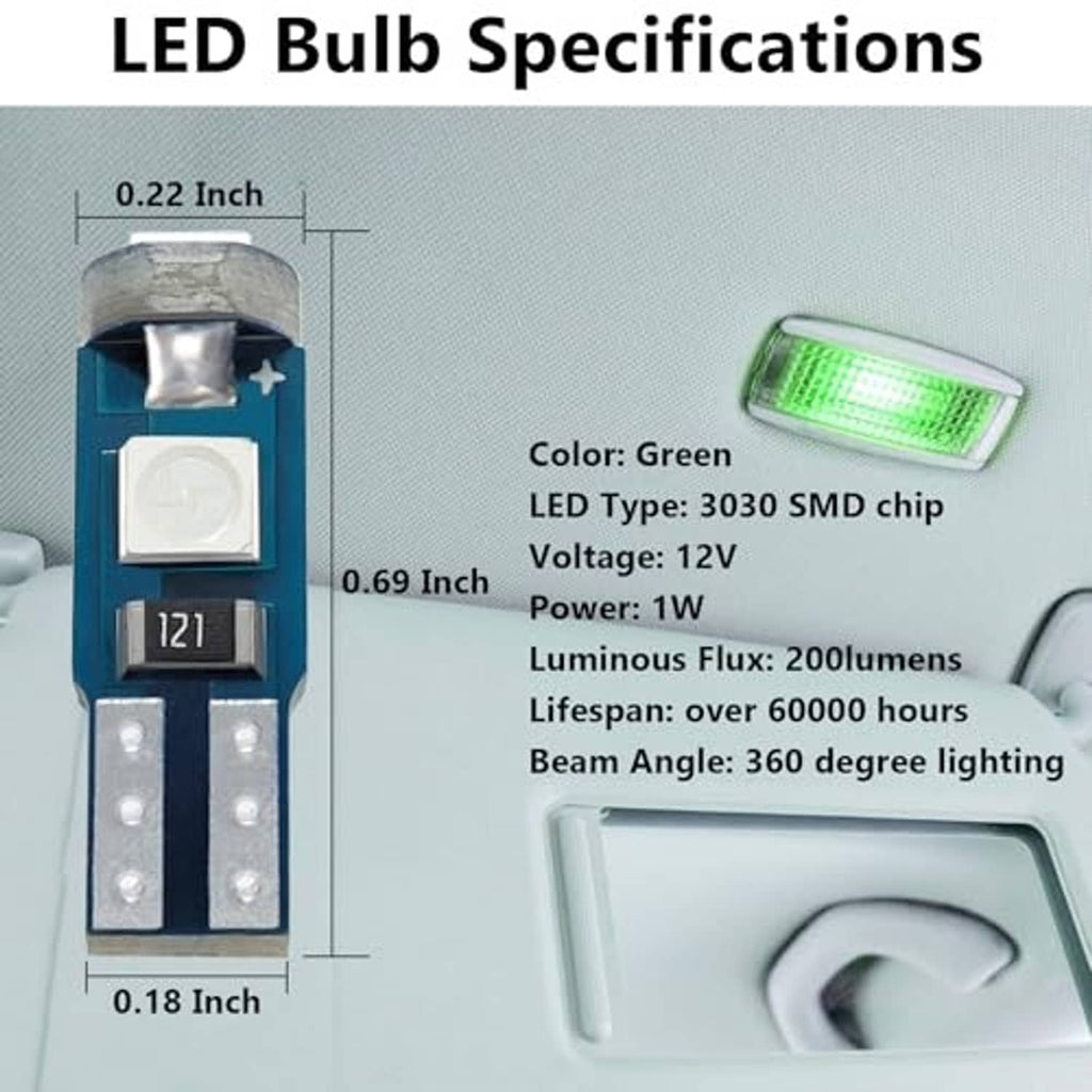 T5 LED bulb diagram with green color, 3030 SMD chip, 12V 1W specs shown.