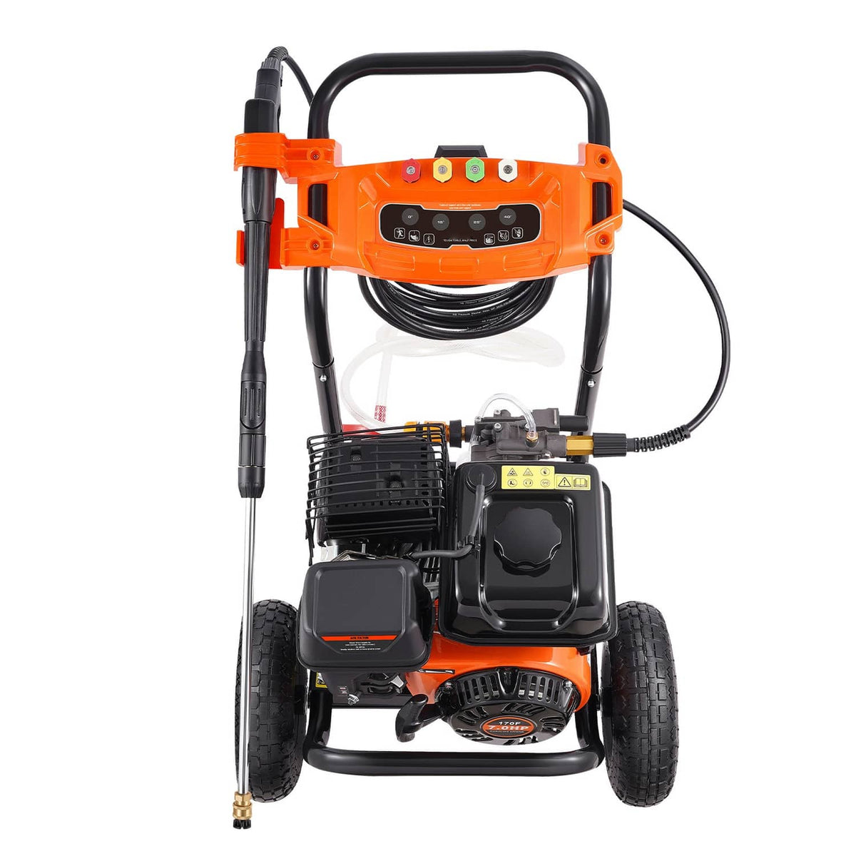 Gas pressure washer with orange housing, black wheels, front control panel