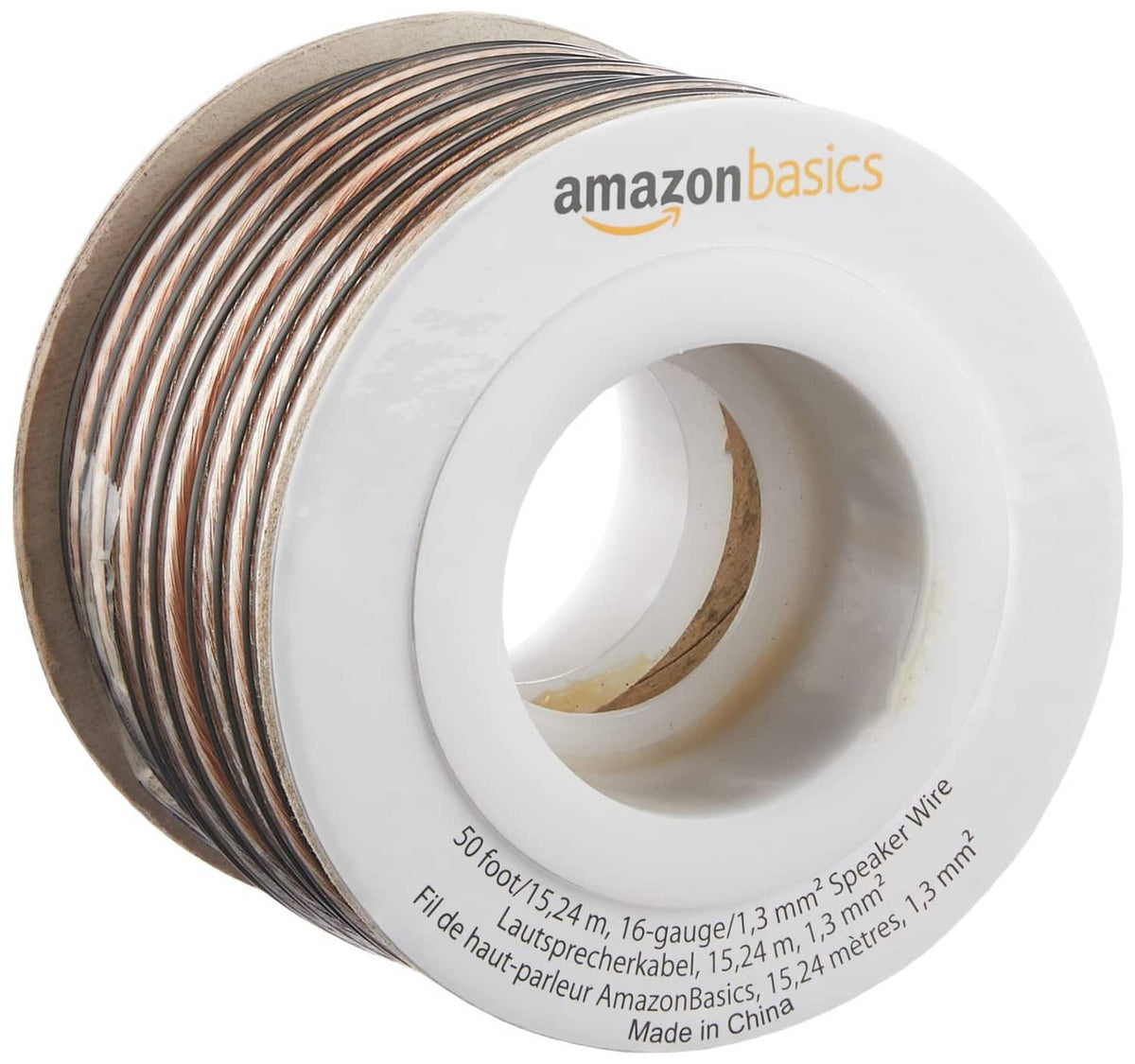 Amazon Basics 16-gauge transparent speaker wire cable on spool, 50 ft roll
