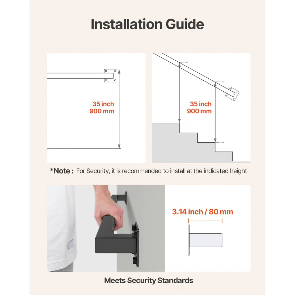 Black wall-mounted stair handrail bracket and pipe section, installation height graphic