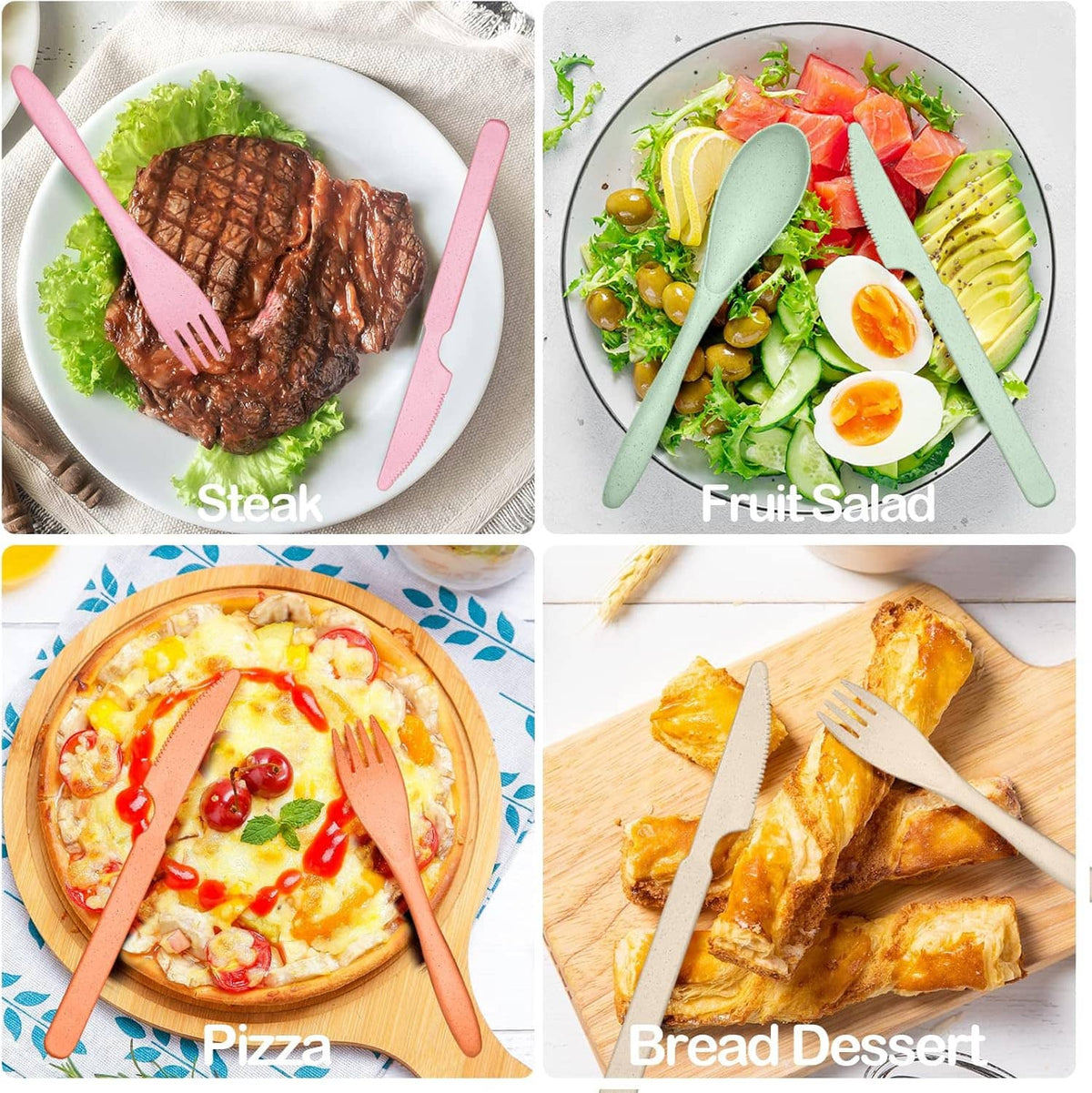 Wheat straw reusable cutlery used with steak, fruit salad, pizza, and bread slices