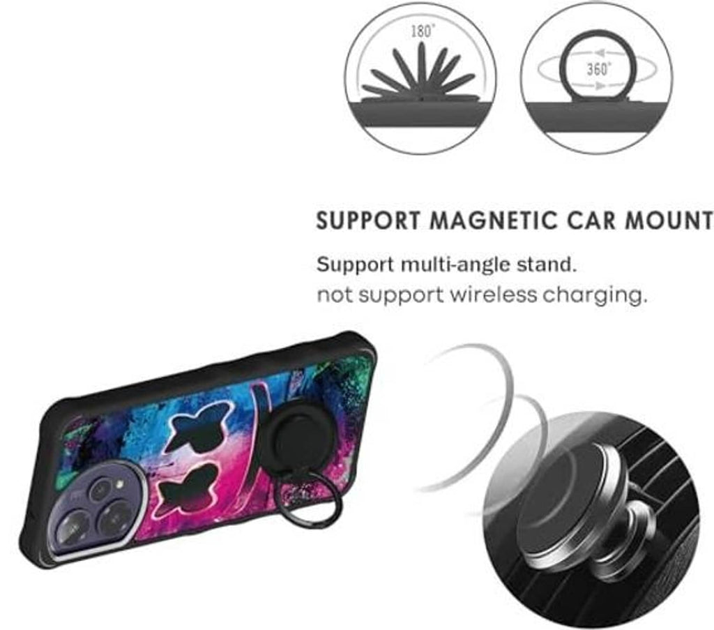 Rugged phone case with neon cat graffiti design and magnetic car mount attachment