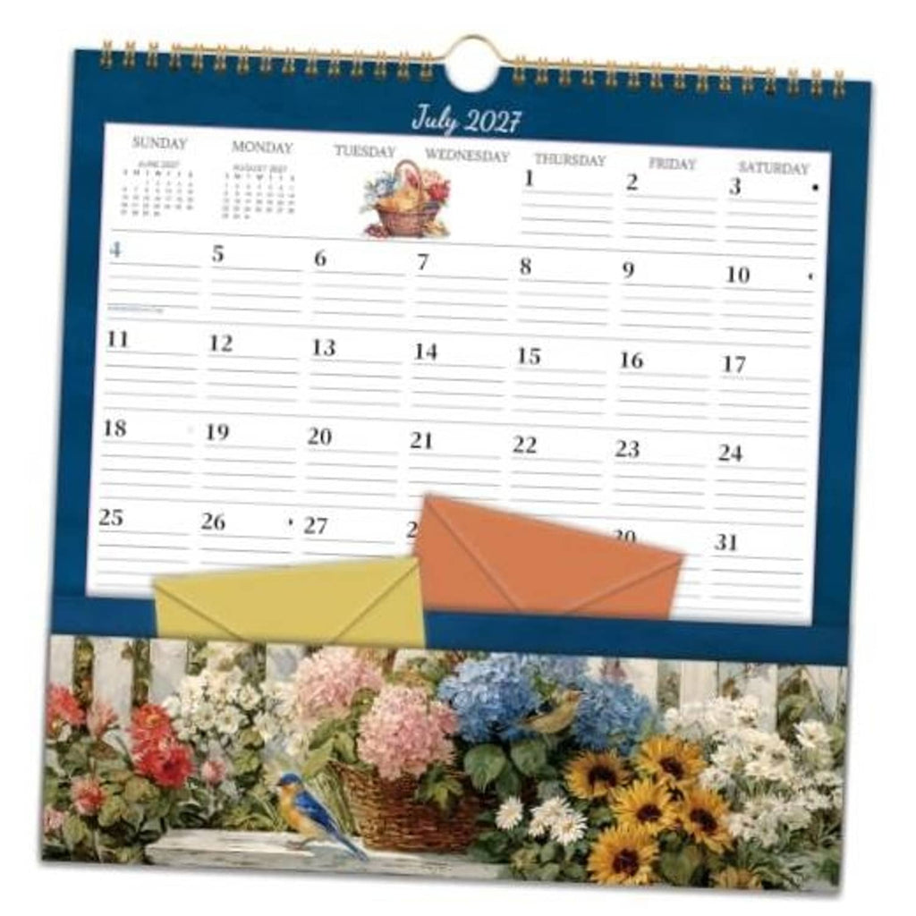 Blue wall calendar for Jan–Dec 2027 with spiral binding and hanging loop