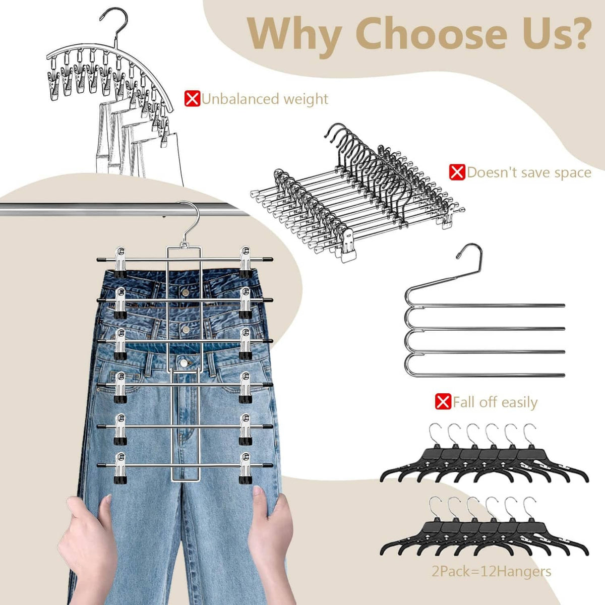 Clip pants hanger system with adjustable bars and multiple hangers, infographic style