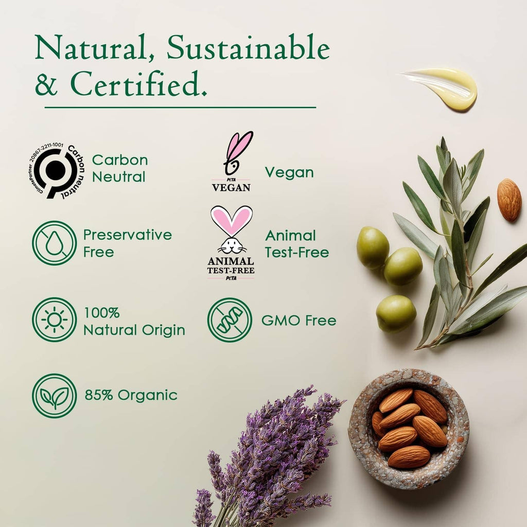 Blue foot balm container with natural, certified icons and botanical ingredients.