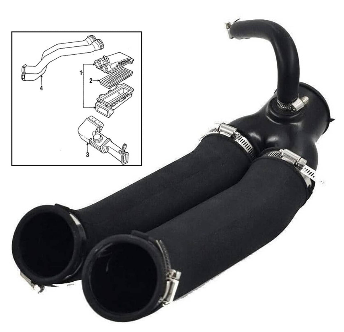 Black air intake hose with two end openings and multiple metal hose clamps