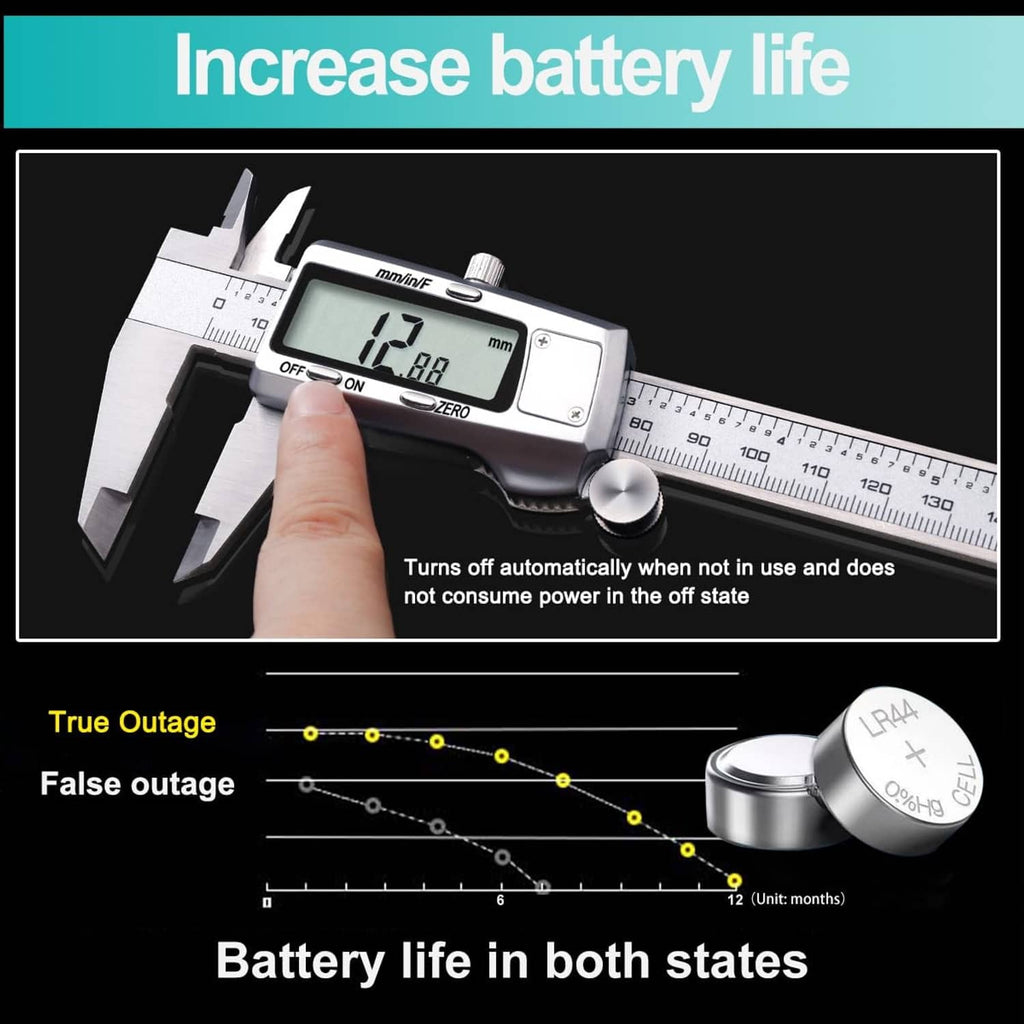 Silver digital caliper with LCD display, finger pointing at the screen
