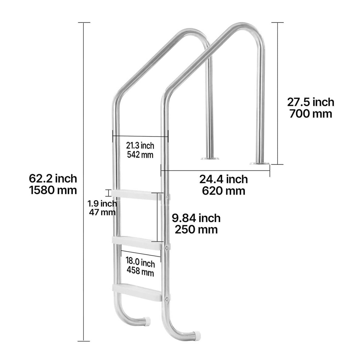 Stainless pool ladder size diagram showing 3 steps and dual arc handrails