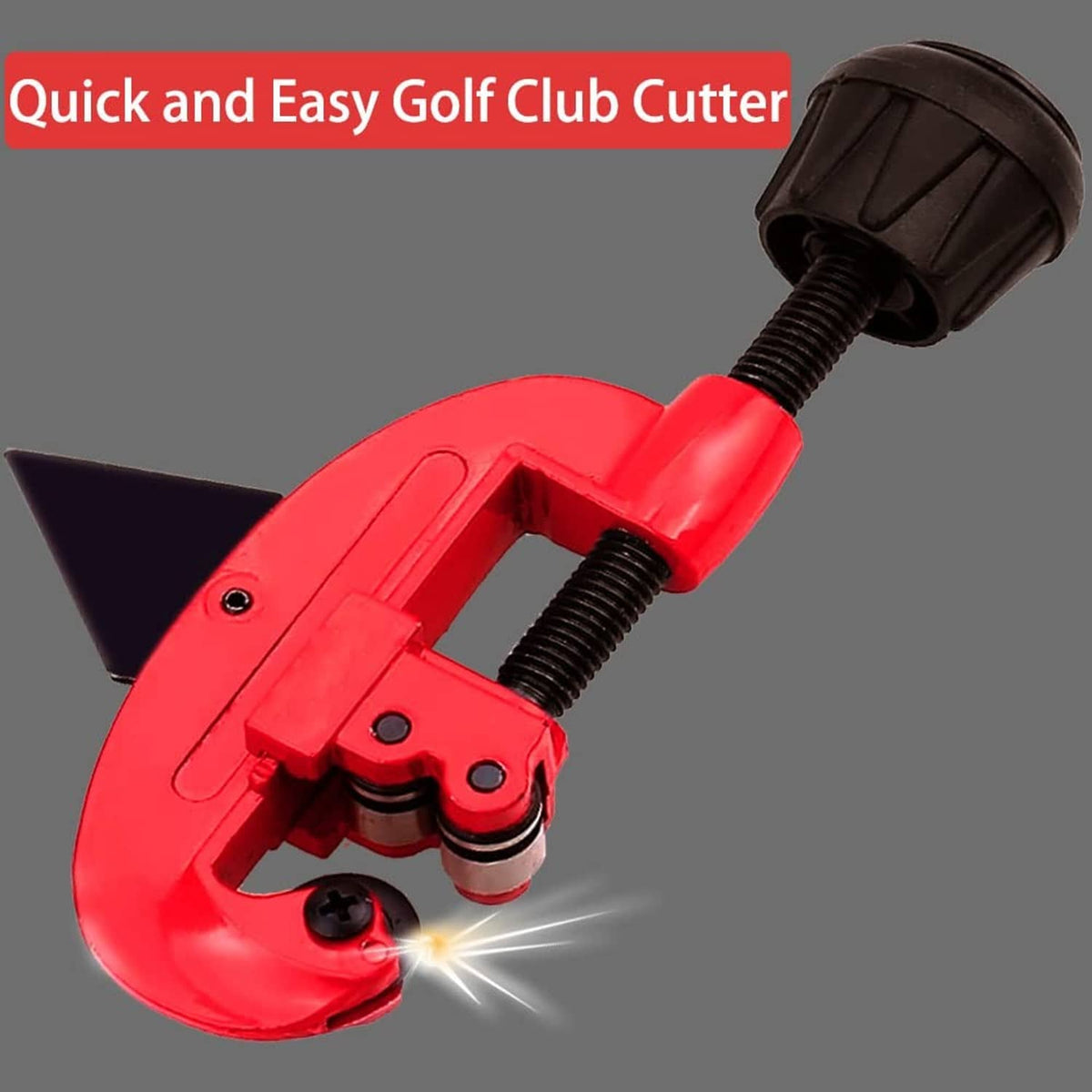 Red golf club shaft cutter with black end knob and open cutting jaw