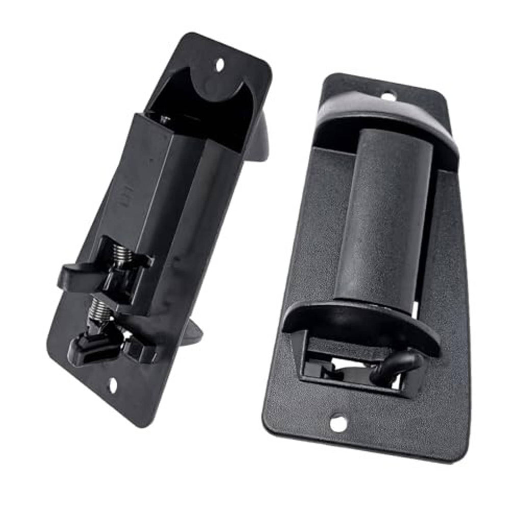 Black exterior door handle assembly, side view with spring-loaded latch and studs