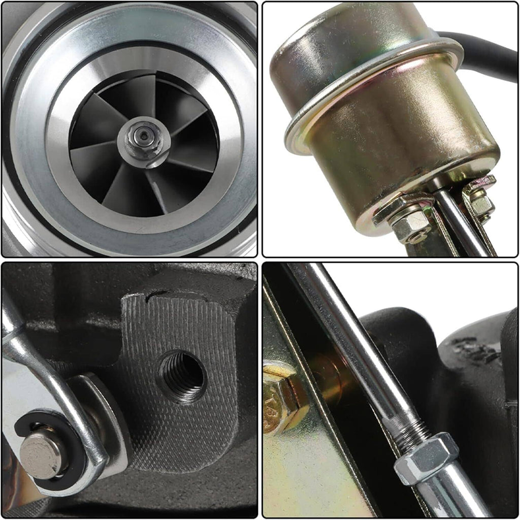 HX35W turbocharger close-ups: compressor wheel, metal body, and inlet fitting