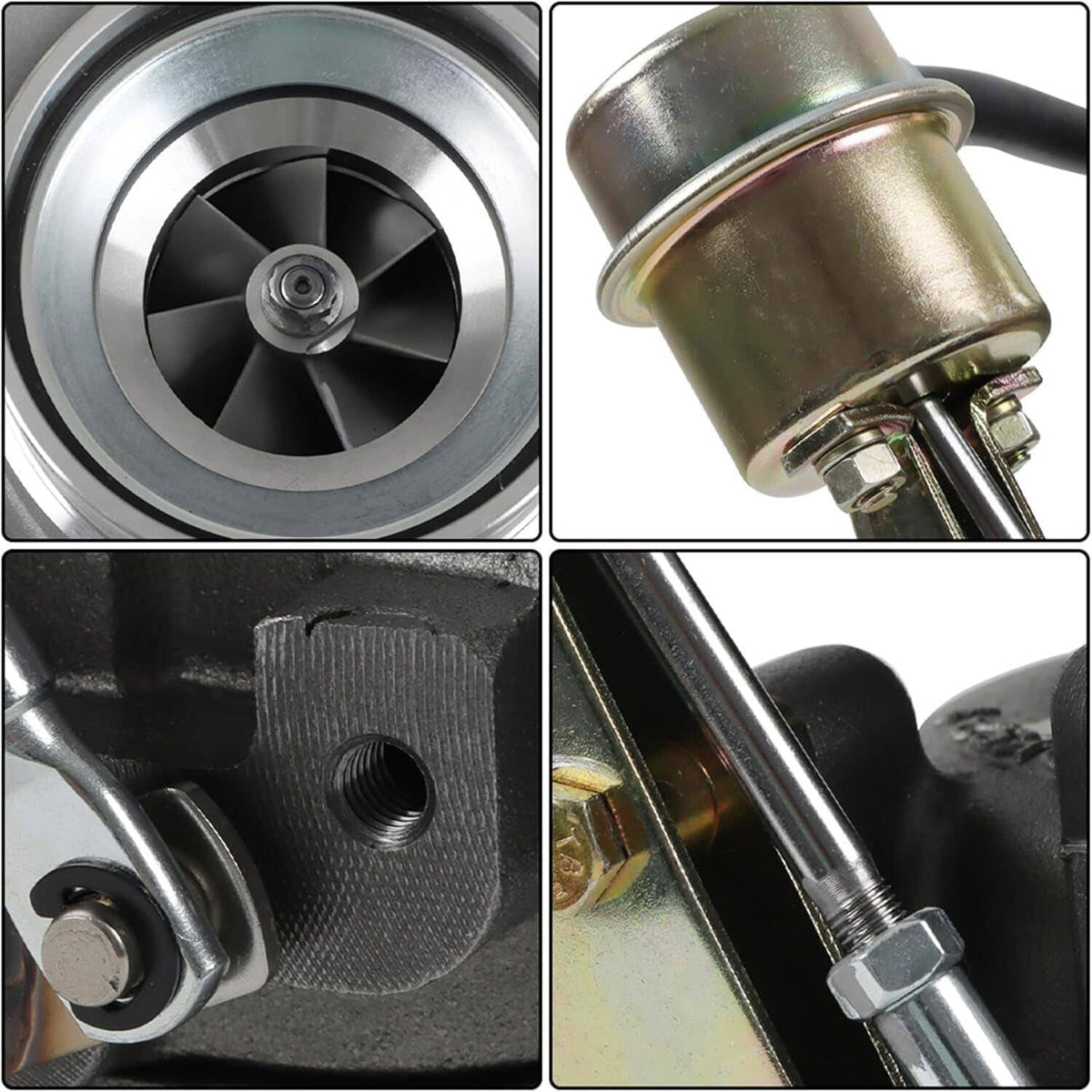 HX35W turbocharger close-ups: compressor wheel, metal body, and inlet fitting