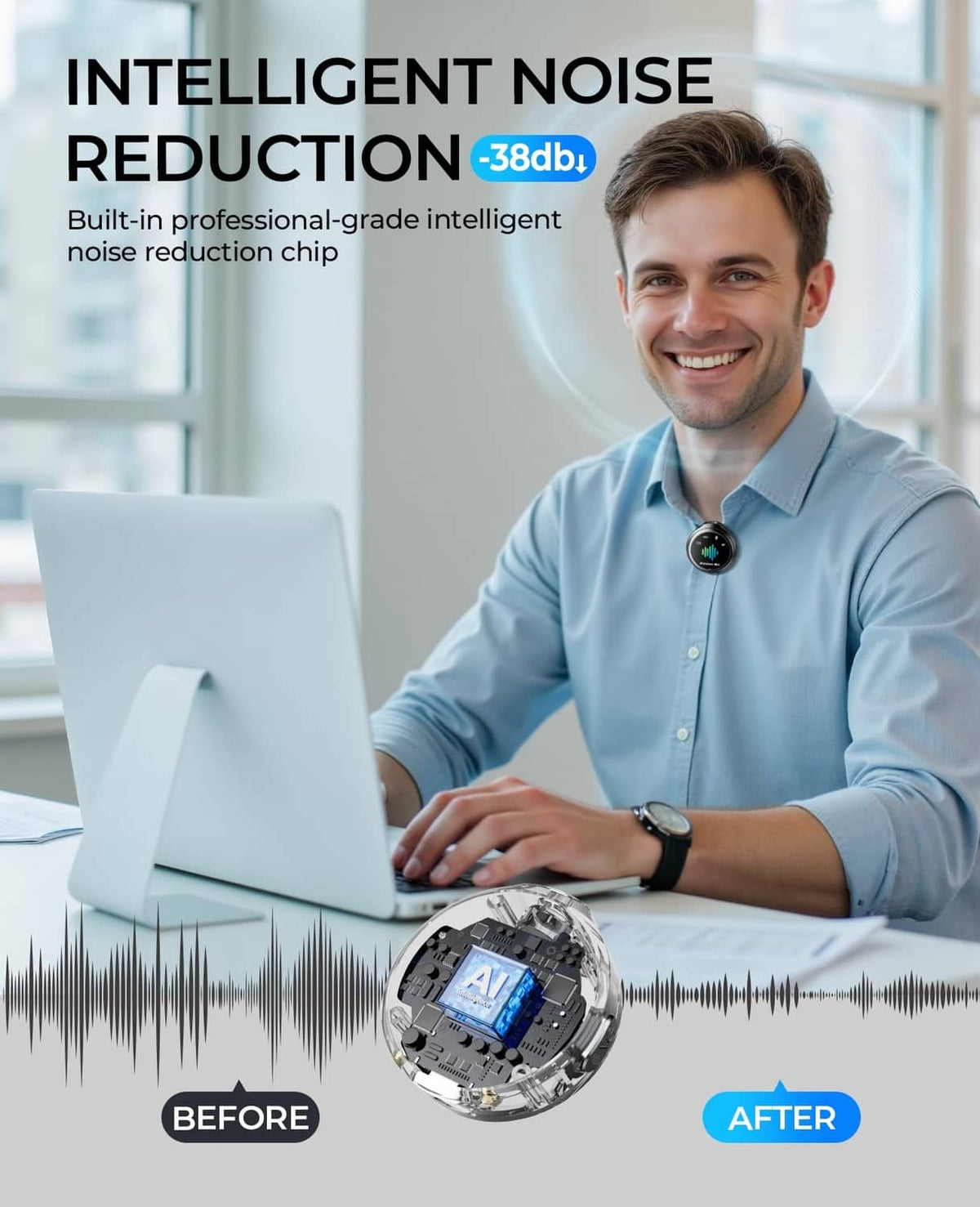 Black wireless microphone receiver with lavalier mic on person, with audio waveform graphic
