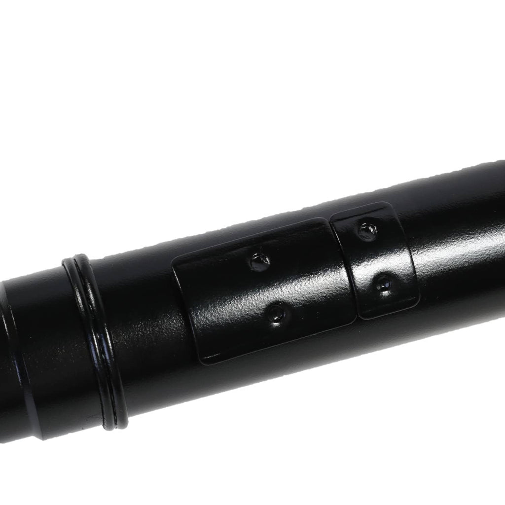 Front drive shaft propeller shaft mid-section close-up with bolt plate, black.