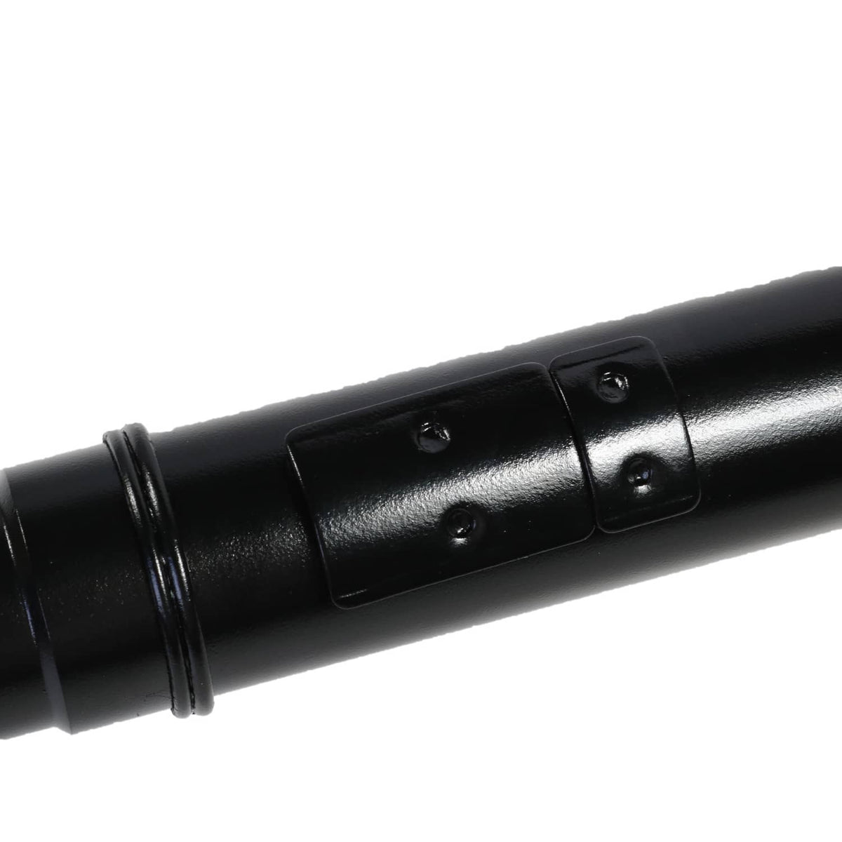 Front drive shaft propeller shaft mid-section close-up with bolt plate, black.
