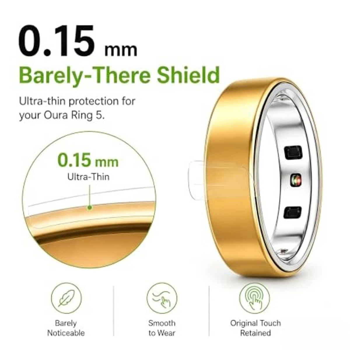Ultra-thin 0.15 mm Oura ring scratch shield, gold band, sensor cutouts