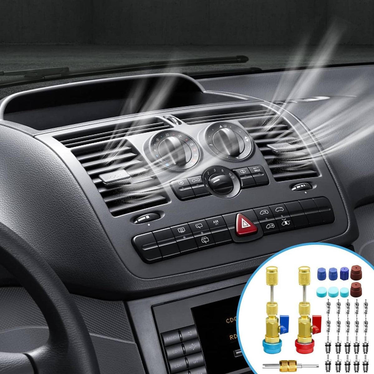 AC valve core remover set with brass couplers, blue and red caps, and valve cores