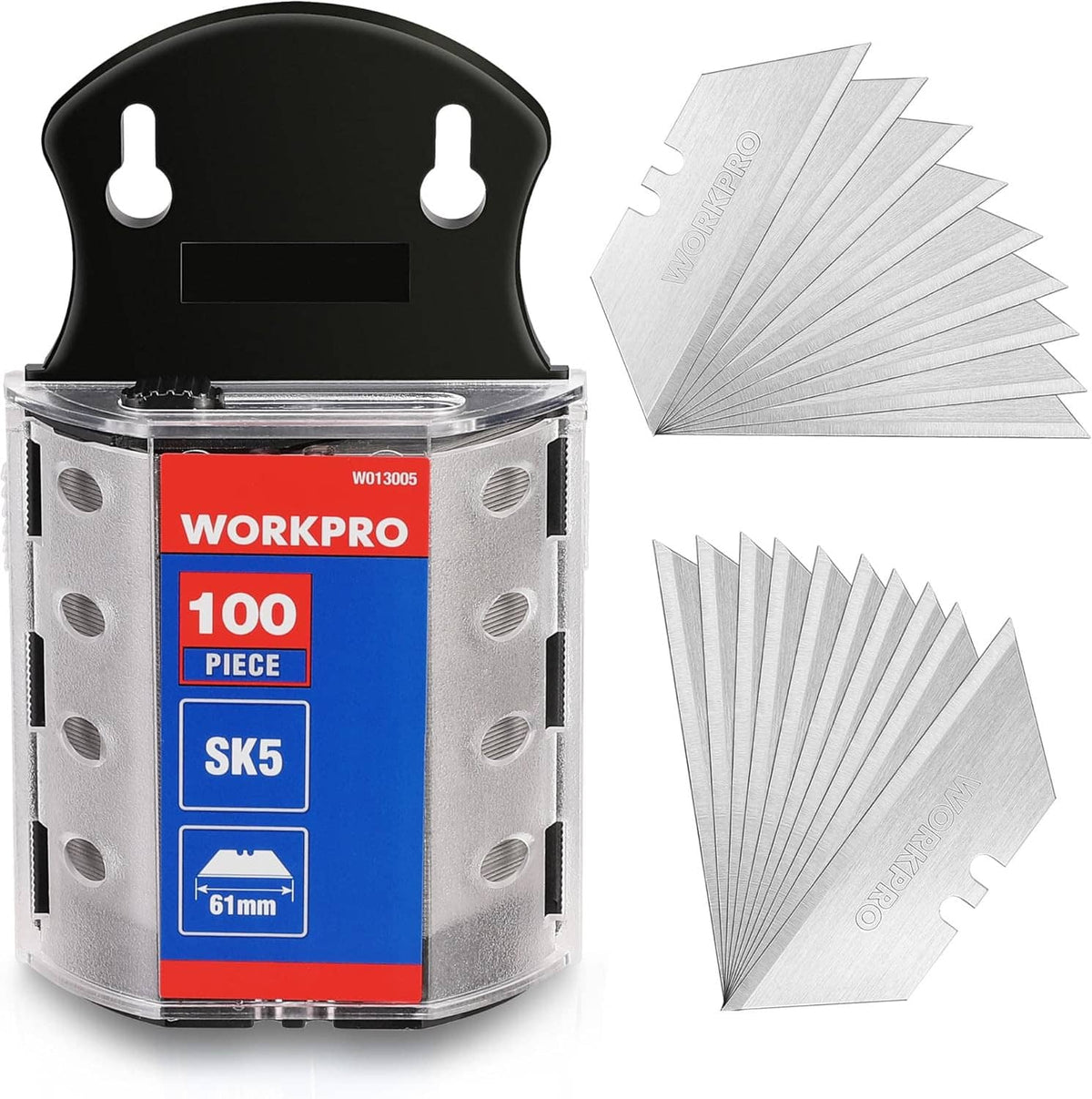 Utility knife blade dispenser with 100 SK5 blades and loose silver replacement pieces