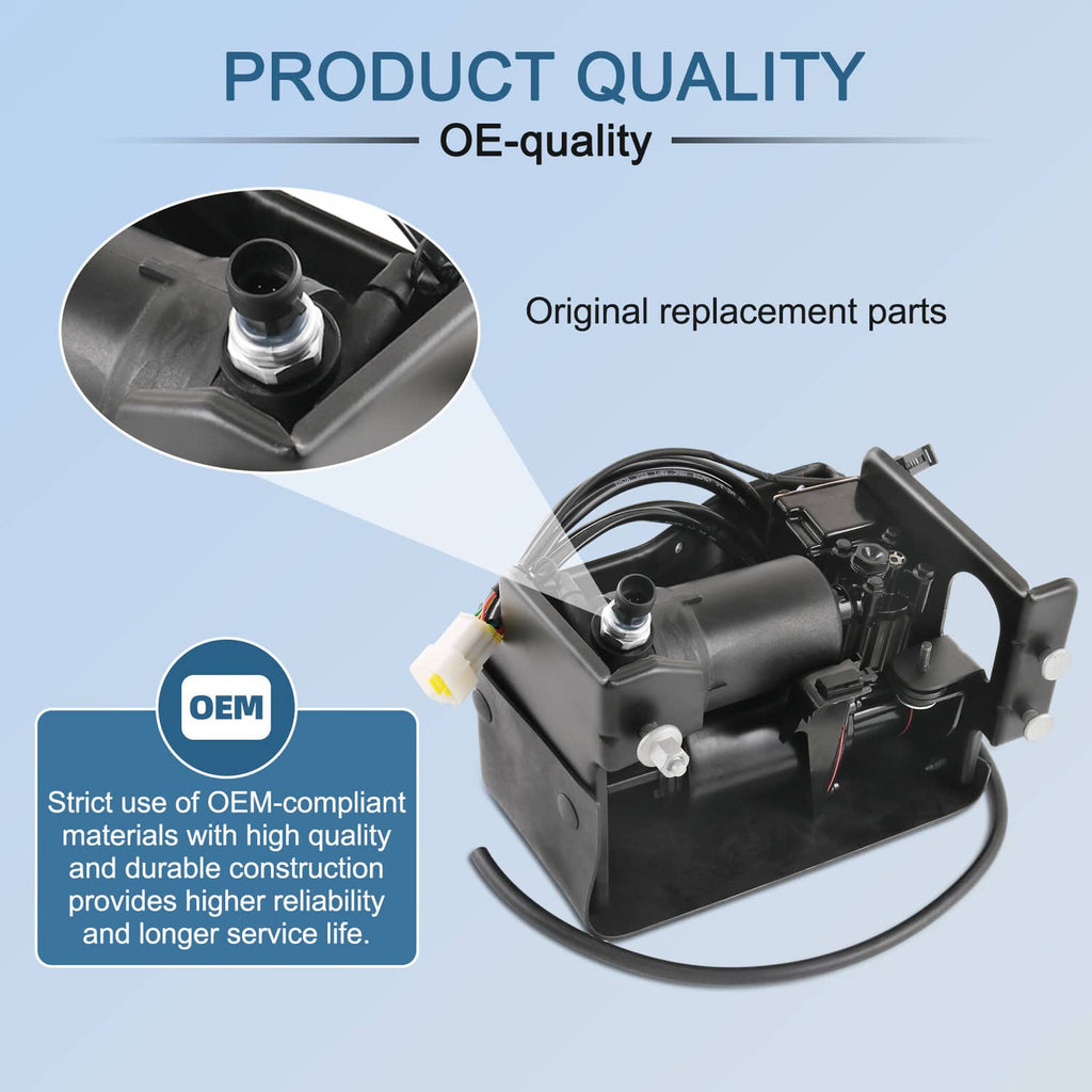 Air compressor assembly with OEM-style mounting and wiring, black housing and fittings