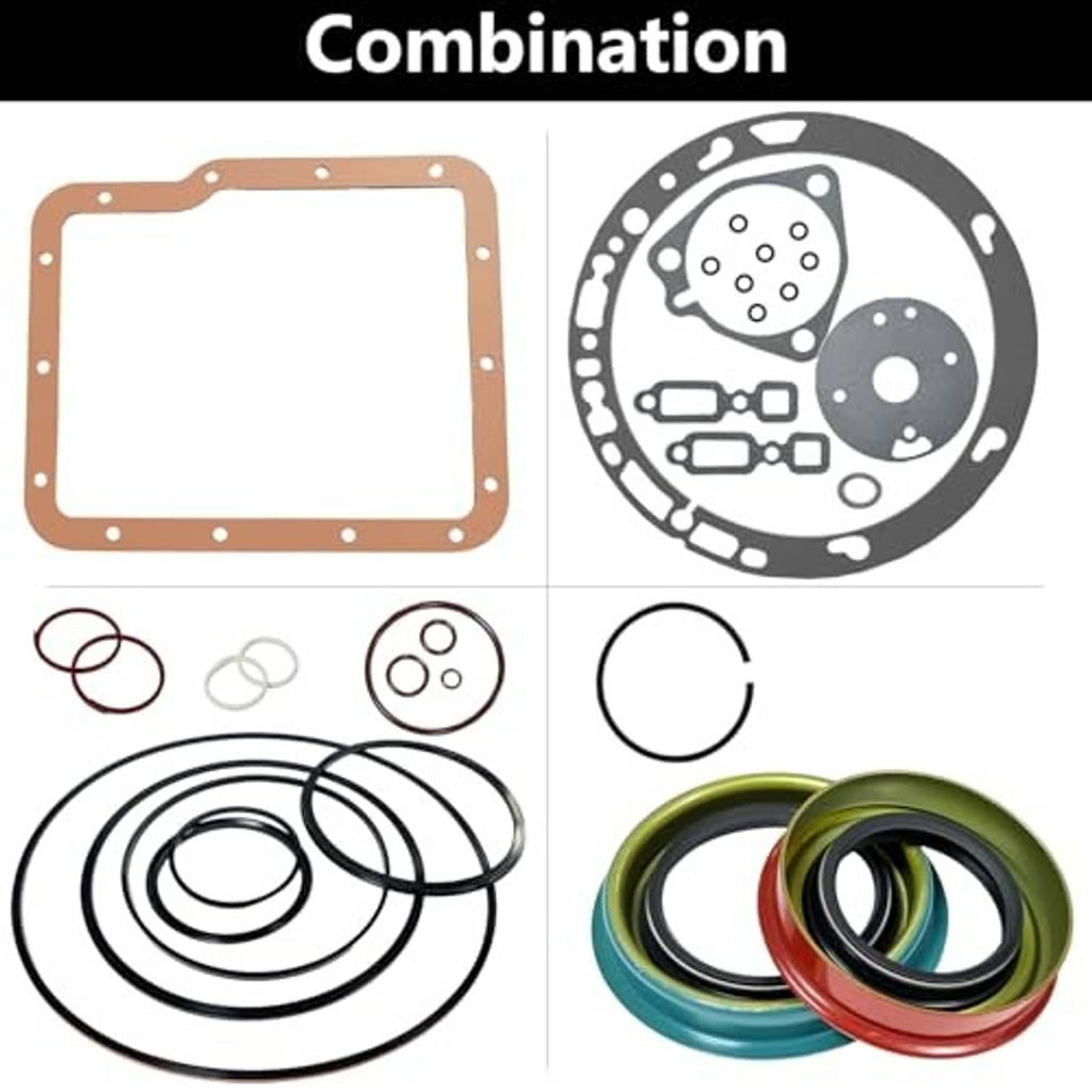 Transmission oil pan gasket and seal kit combination view with rings and paper gaskets