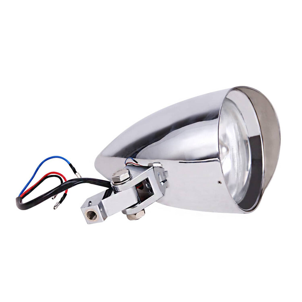 Chrome tri-bar bullet headlight with clear lens, mounting bracket, and wire harness