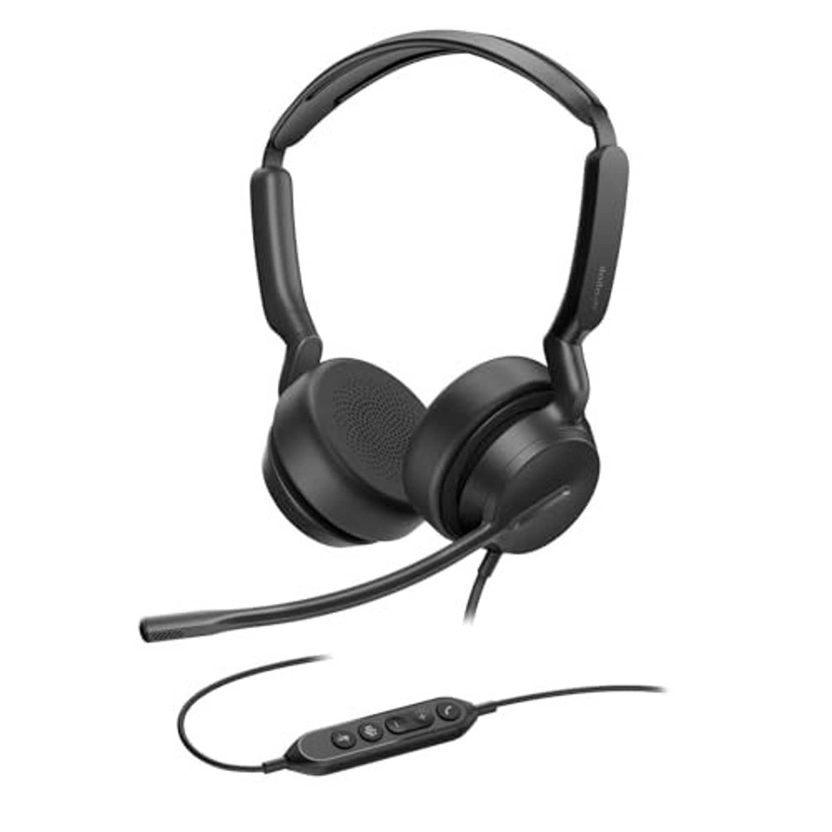 Black over-ear wired headset with boom mic and inline remote control