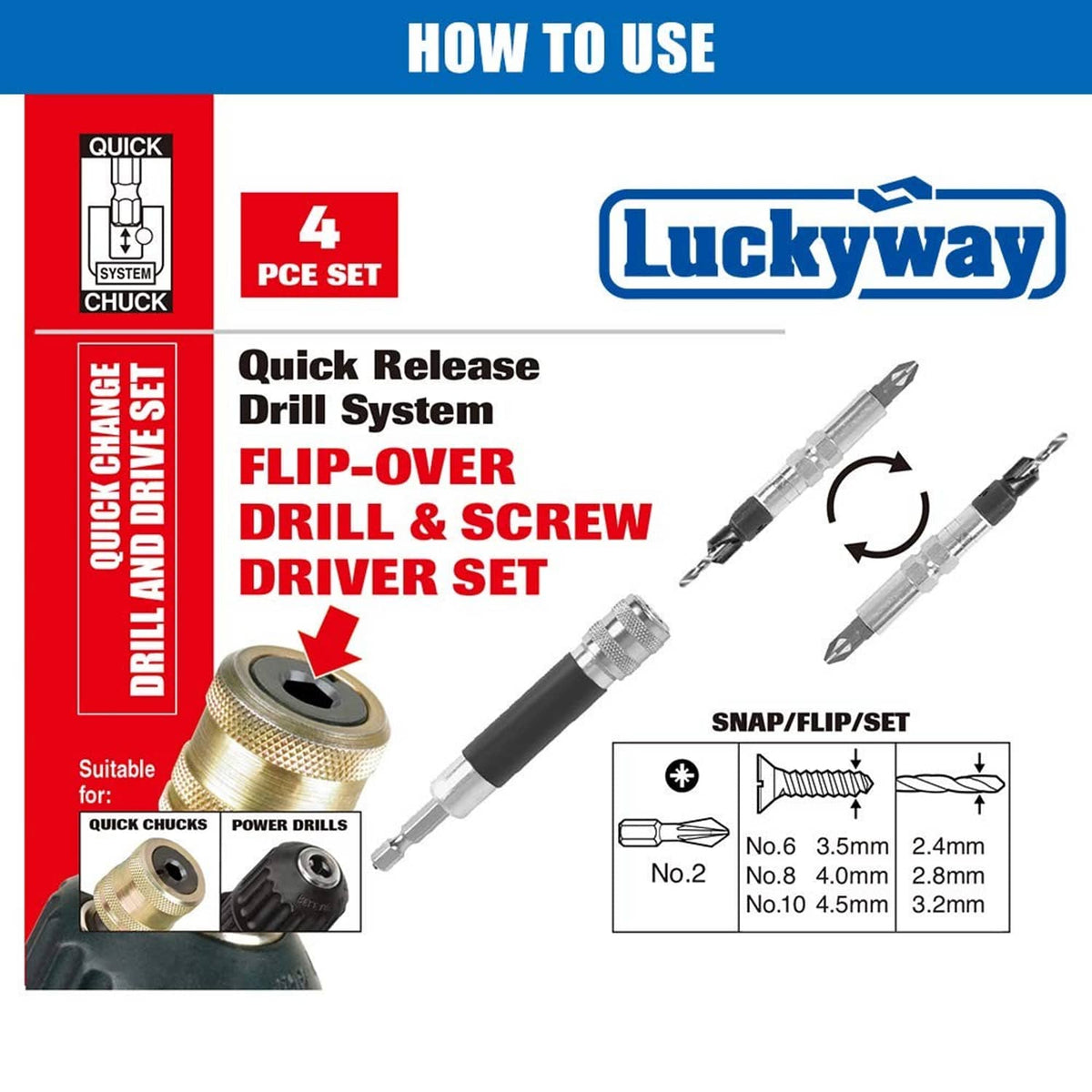 Instruction packaging for Luckyway quick release drill system, 4-piece flip/set