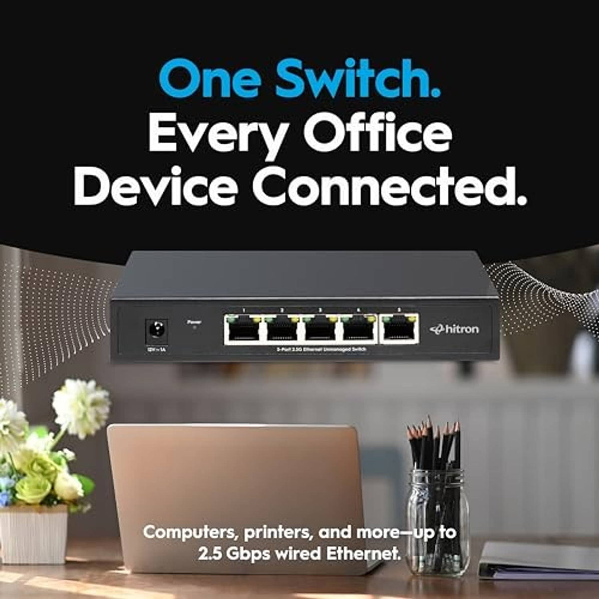 Black Hitron 5-port unmanaged Ethernet switch centered with five RJ-45 ports