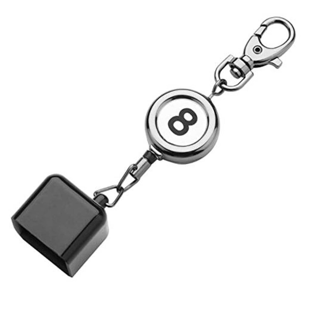 Billiard cue chalk holder keychain with round 8 ball charm and black cube case