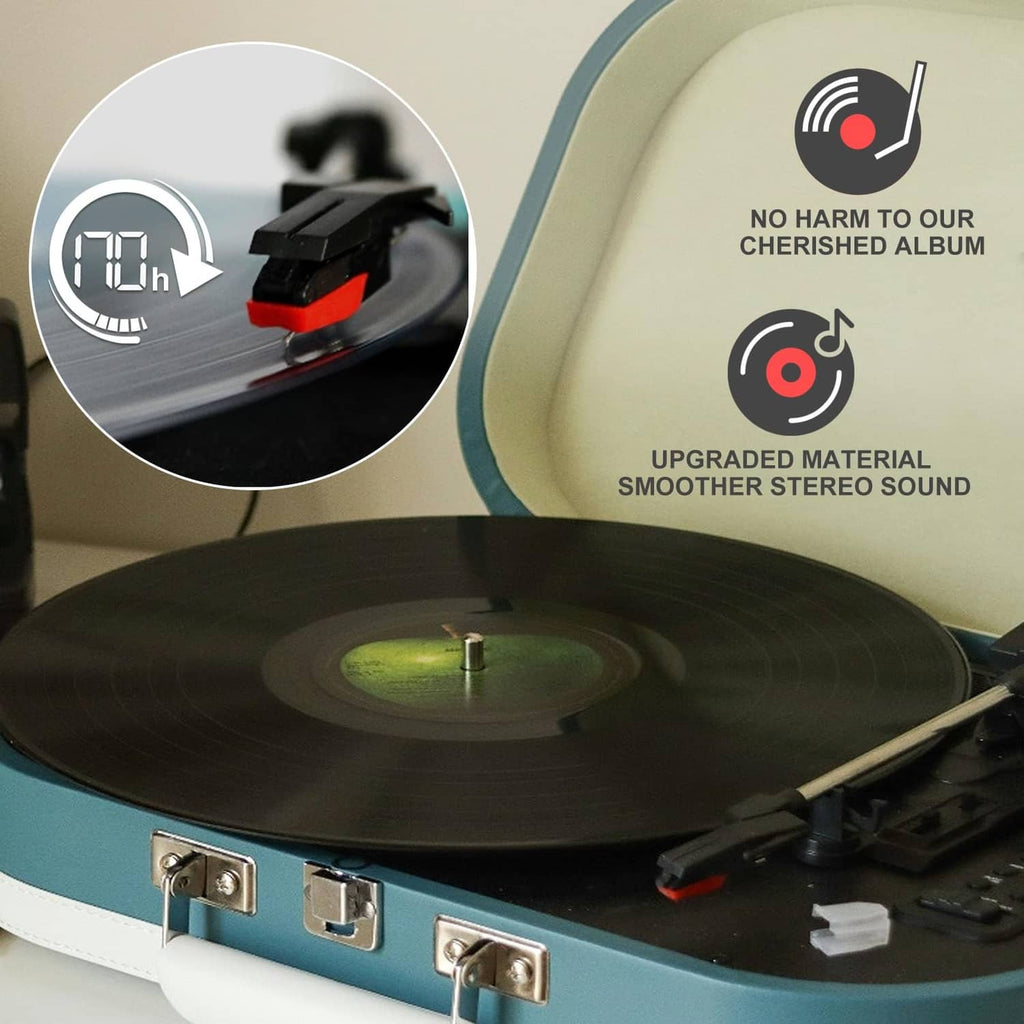 Red record player needle/stylus on turntable cartridge with vinyl record