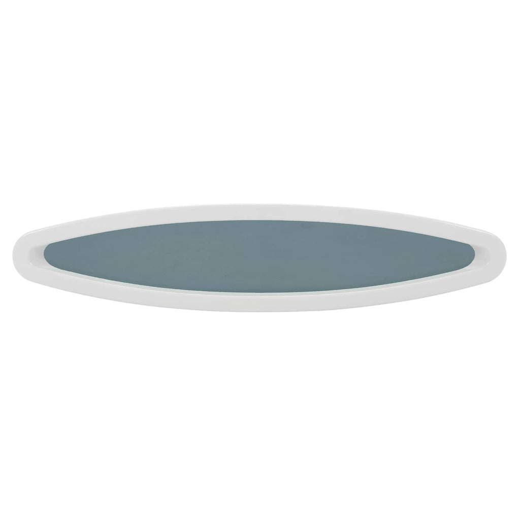 Oval boat window insert with white outer ring and blue-gray tinted glass, close-up