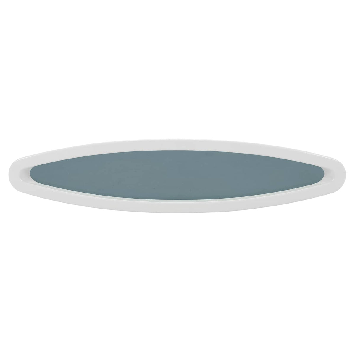 Oval boat window insert with white outer ring and blue-gray tinted glass, close-up