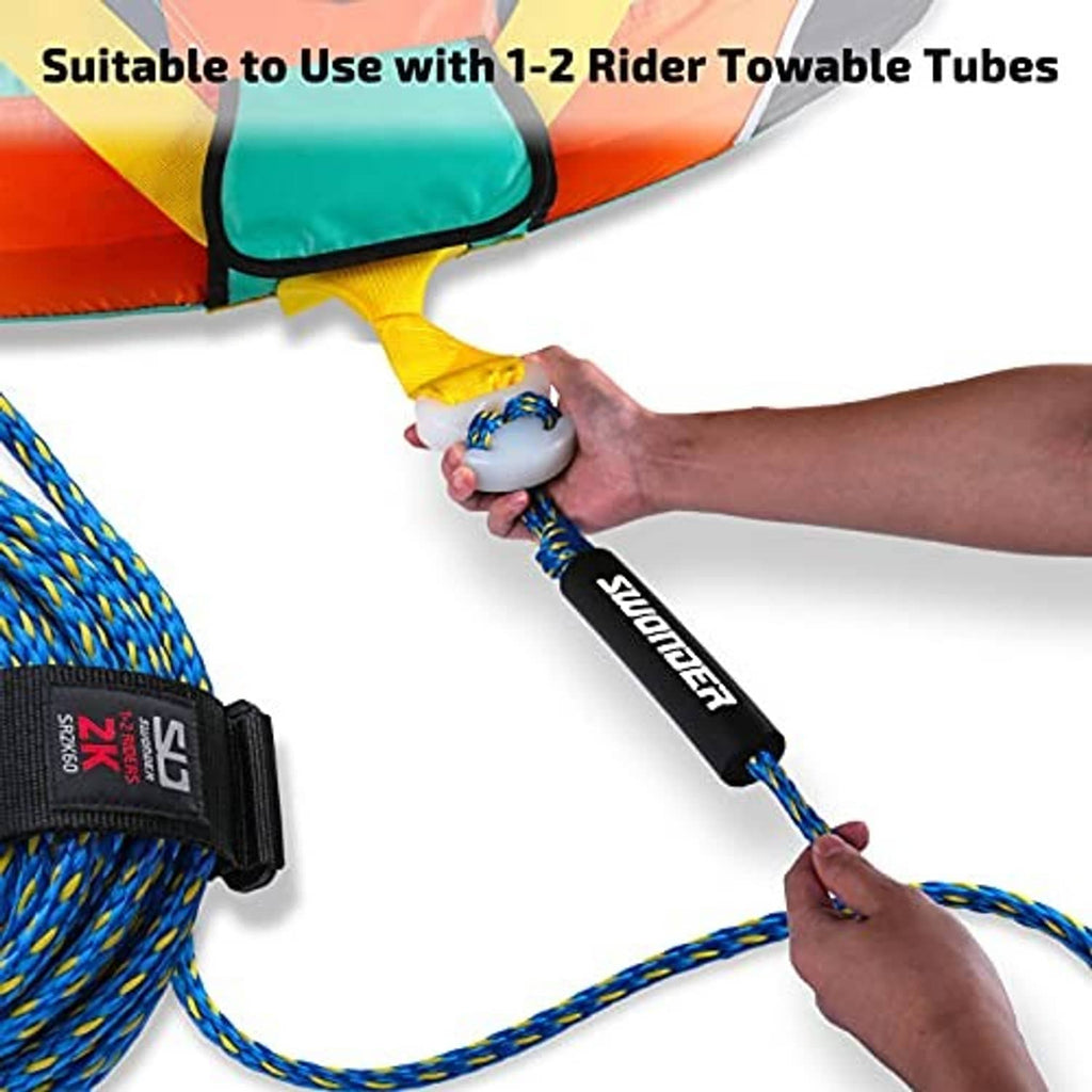 2-section tow rope with black handle and blue yellow braided line, end attachment loop
