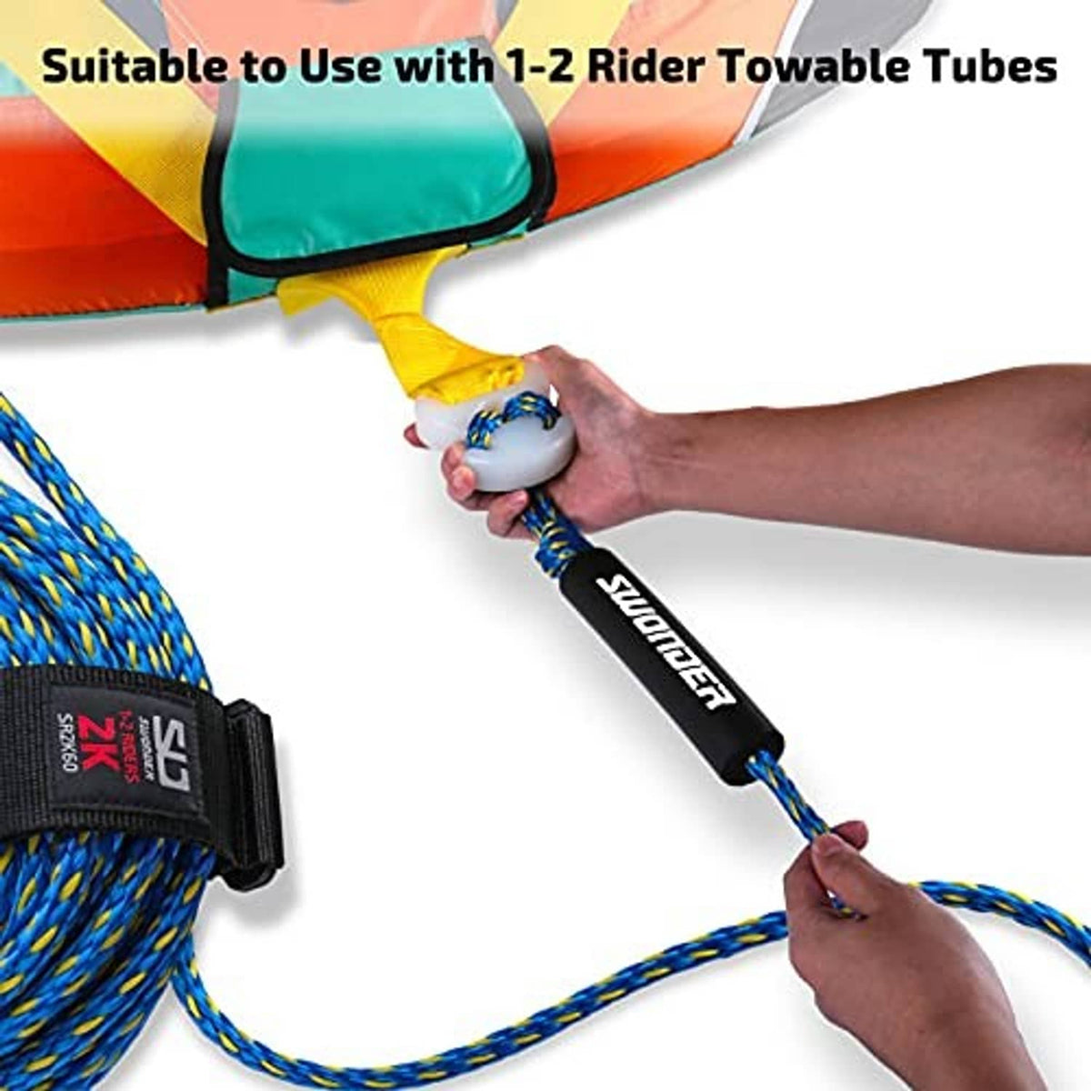 2-section tow rope with black handle and blue yellow braided line, end attachment loop