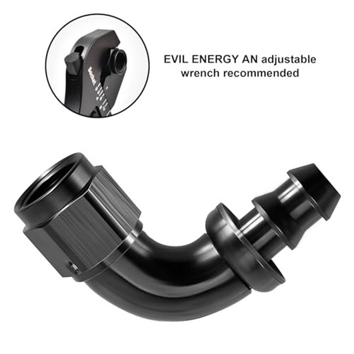 Black 90-degree AN push-lock hose end fitting with knurled collar and barb