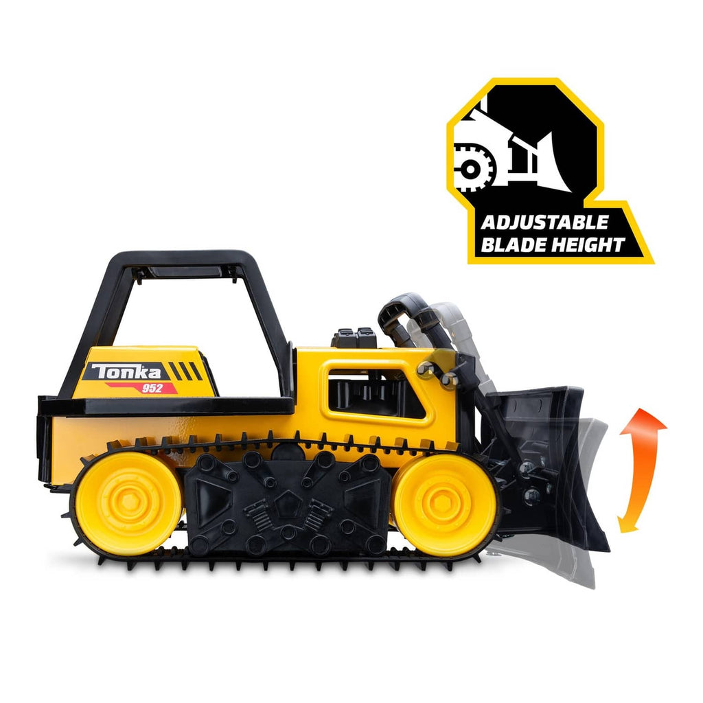Tonka yellow bulldozer with adjustable-height blade and thick treads