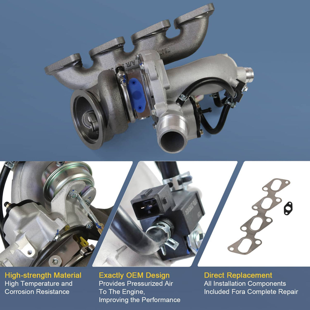 Turbocharger assembly with included gasket set, shown from multiple angles