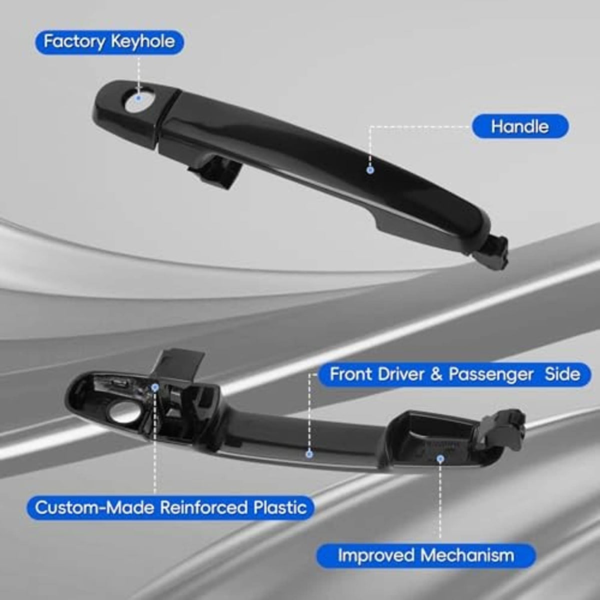 Black exterior door handle with reinforced plastic housing and front-side mount points